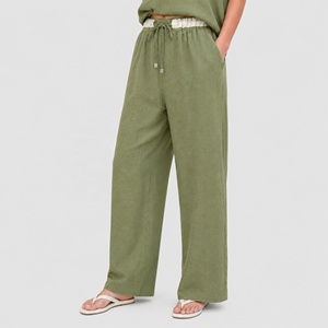 Pantalones de <span class=keywords><strong>Lino</strong></span> Personalizados al por Mayor con Etiqueta Privada OEM, Pantalones Anchos de <span class=keywords><strong>Lino</strong></span> y Algodón con Cordón para Mujer, Ropa de Verano para Vacaciones - Product Image 1