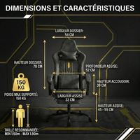 Chaise de jeu robuste avec support de 150 kg, coussin à ressorts ensachés, dossier haut massant et repose-pieds