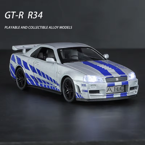 Voiture miniature Nissan <span class=keywords><strong>GTR</strong></span> <span class=keywords><strong>R34</strong></span> en alliage moulé sous pression, échelle 1:32, haute qualité, avec son et lumière, 4 portes ouvrables, batterie incluse, emballage en boîte, pour enfants - Product Image 4