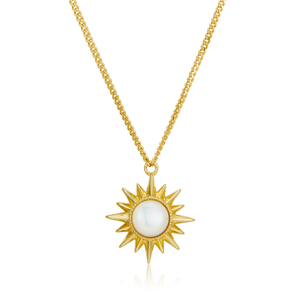 Joacii 925 Sterling Silver 18K Gold Plated Gemstone Light Radiancy Natural White Shell Sun Rays Necklace