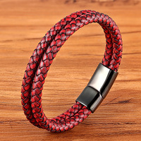 Yunse Multi Couche Hommes Poignet Main Bijoux En Acier Inoxydable Fermoir Magnétique Rouge En Cuir Véritable Bracelet Cadeau D'anniversaire Hommes