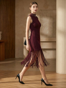 Abito Lungo Estivo da Donna di Alta Qualità, <span class=keywords><strong>Senza</strong></span> <span class=keywords><strong>Maniche</strong></span>, Collo Alto, Lavorato a Maglia, Aderente, con Spacco e Frange, Tinta Unita - Product Image 4