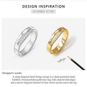 Bague en acier inoxydable doré avec zircon, plaquée or 14 carats sous vide, large, à cannelures biseautées, avec bande fixe - Product Image 2