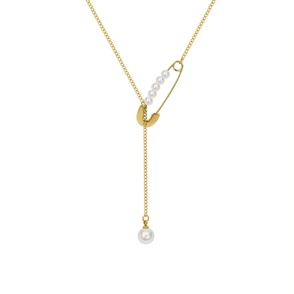 French Safety Pin Lock Imitation Pearl Tassel Pendant Necklace 316L Stainless Steel 18K Gold Plated Necklace Jewelry for Women