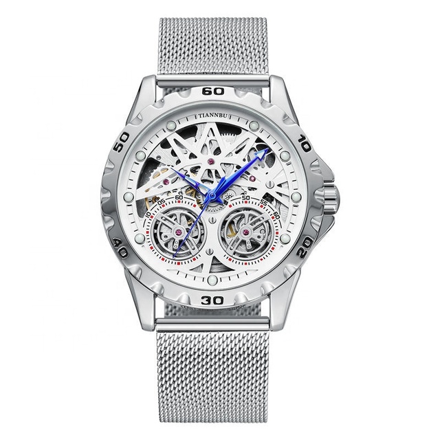 Automatic Mechanical Men's Watch Simplicity Design Skeleton Water Resistant Luminous Males' Watches Flying Tourbillon Blue Hands