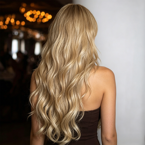 Extensiones de Cabello de 30 Pulgadas con Reflejos Dorados, Puntas Ligeramente Rizadas, Lacias, con Flequillo, Resistentes a Altas Temperaturas, Estilo SM606 - Product Image 5