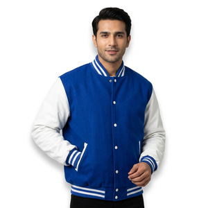 OEM Custom Logo Varsity <b>Jacket</b> <b>Denim</b> Fabric Stand Collar <b>with</b> Embroidery College Winter Outdoor Games Letterman Wear ODM Supply - Product Image 1