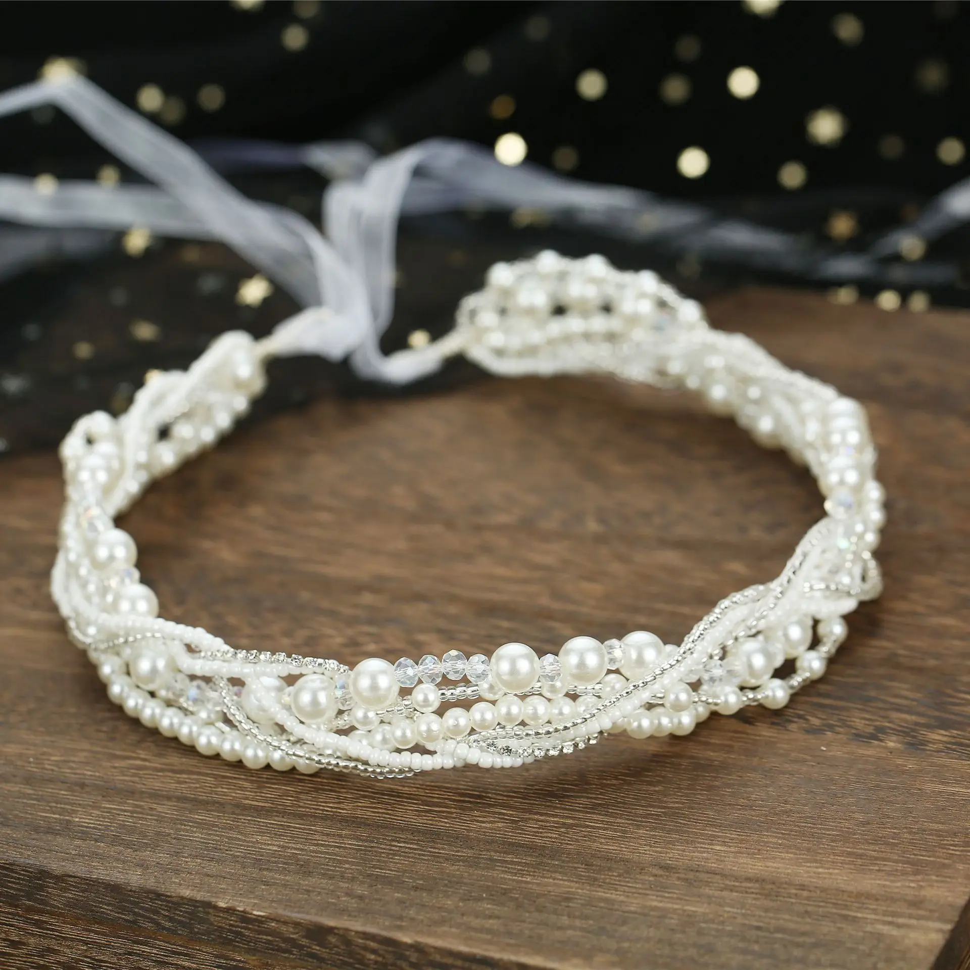 Sweet Pearl Crystal Hair Band Rhinestone and Pearl Bridal Hair Band – Silver-plated Wire  main image 3