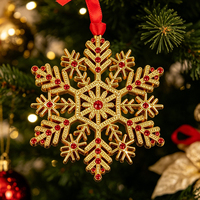 Adorno Navideño Personalizado de Copo de Nieve en Metal Chapado en Oro, Cristal Rojo, Adorno Colgante para Árbol de Navidad, Decoración al por Mayor