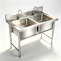 Table de travail professionnelle en acier inoxydable à double évier, cuve profonde, robinets col de cygne, tablier frontal biseauté, pieds réglables, pour la restauration