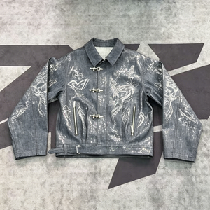 Veste en jean pour homme avec boucle métallique et imprimé éclaboussures, style vintage délavé à l'acide, streetwear épais, impression DTG Kornit - Product Image 1