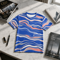 T-shirt pour homme en popeline 3D AOP 100% polyester, motif vagues fluides corail cobalt, séchage rapide, respirant, col rond
