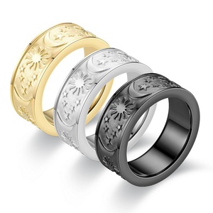 Trendy 8mm Gold Plated Moon Star Sun Black Oil Boho Jewelry Stainless Steel <b>Statement</b> <b>Ring</b> - Product Image 1