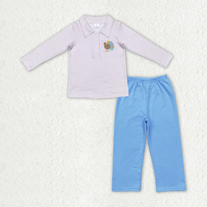 Conjunto de Ropa de 2 Piezas para Niños y Niñas, Camiseta de Manga Larga a Rayas con Bordado de Pavo, Pantalones Azules, Atuendos de Otoño - Product Image 3