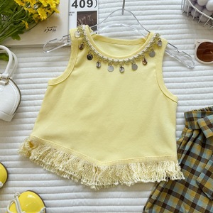 Completo Estivo per Bambina <span class=keywords><strong>con</strong></span> Gilet <span class=keywords><strong>con</strong></span> Frange e Gonna Irregolare a Quadri, Outfit Due Pezzi per Vacanze - Product Image 3