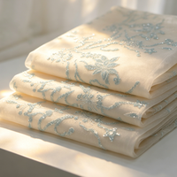 Tissu en maille de polyester à séchage rapide, brodé de perles et de sequins, motif floral bleu clair de luxe, pour robe de mariée ou de soirée