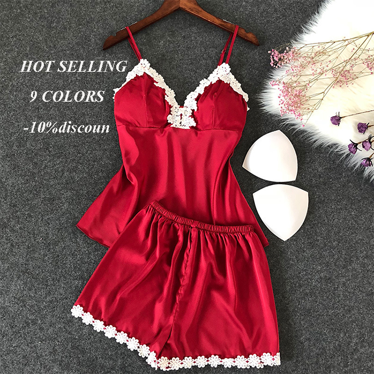 Оптовая продажа, женские атласные кружевные пижамные костюмы из 2 предметов, шорты-спагетти, сексуальные ночные костюмы