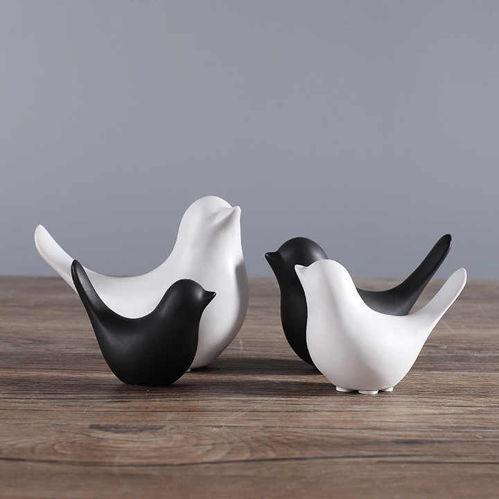 Custom Nordic Small Ornaments Home Decoration Animal Figurines Porcelain Statues Craft Dekoration Black and White Ceramic Bird