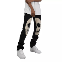 Pantalon en coton personnalisé coupe droite, survêtement ample avec patchwork tête de mort brodé, effet empilé pour homme