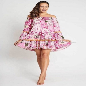 Robe courte en coton à imprimé géométrique sans bretelles pour femmes grandes tailles avec volants, style bohème, vêtements décontractés d'été écologiques - Product Image 1
