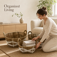 Ensemble de 3 paniers de rangement tissés avec poignées et bandes décoratives blanches pour l'organisation de la maison