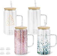Mug en verre à double paroi vierge pour sublimation avec poignée, couvercle en bambou et paille pour impression personnalisée