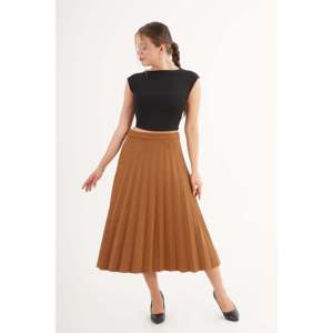 Jupe longue plissée taille haute en similicuir beige pour femme, tissu doux - Product Image 5