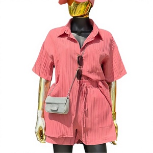 J1495 Women's Fashion 2-Piece <b>Set</b> Spring Casual Solid Chiffon Above Knee Short Sleeve Shirt Wide Leg Shorts - Product Image 2