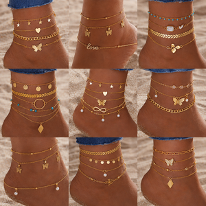 Nuevo Conjunto de Tobilleras de Moda para Mujer, Chapadas en Oro, con Cadena Cubana, Zirconia, Estrella, Mariposa y Letra, Regalo Ideal - Product Image 5