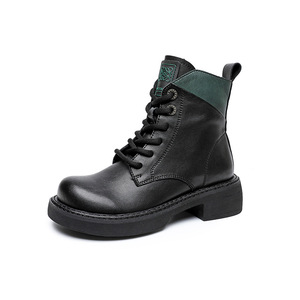 Bottes pour femmes INS printemps automne 2022, nouveau style britannique, cuir à semelle épaisse, mi-tube, rétro, noir/marron foncé, talon moyen - Product Image 1