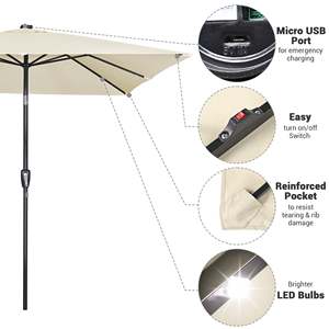 Parasol de jardin carré 9x9 pieds à énergie solaire avec éclairage LED, 8 baleines, manivelle inclinable, port USB et revêtement PA - Product Image 4