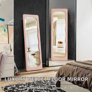 Grand miroir sur pied pleine longueur en verre ondulé avec cadre en bois et finition velours, fait main, luxe léger, pour chambre de filles et dressing à domicile - Product Image 2