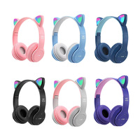 Headphone Bluetooth Nirkabel LED Kucing Lucu dengan Mic P47M untuk Anak Perempuan, Earbud Stereo Musik, Headphone Olahraga