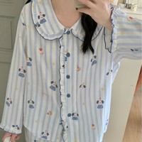 Ensemble de pyjama à col volanté, motif dessin animé, manches longues, vêtements de nuit respirants en coton, tenue de détente pour femmes
