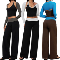 Nouvel ensemble 3 pièces de tenue de yoga style col en V, dos nu, blocs de couleur, taille haute, contrôle du ventre, manches longues