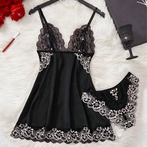 Set Lingerie Due Pezzi per Donna, Babydoll Bianco e Nero con Contrasto in Pizzo, Mini <span class=keywords><strong>Camicia</strong></span> <span class=keywords><strong>da</strong></span> <span class=keywords><strong>Notte</strong></span> in Rete Trasparente con Fiocco e Spalline Sottili - Product Image 2