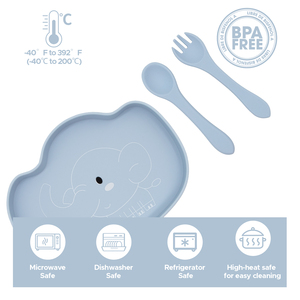 Juego de alimentación de silicona personalizado OEM para niños pequeños con plato de elefante con ventosa, cuchara y tenedor - Fabricante de vajilla antideslizante para bebés - Product Image 3