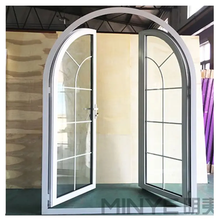 Conception populaire style rustique arch top portes en aluminium coupe-vent porte battante