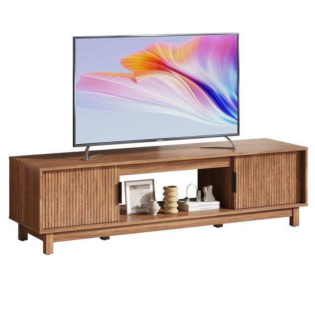 Brown Fluted TV Stand Mid Century Modern Entertainment Center Storage TV Console Midea Living Room Furniture Fits 55-59in TVs