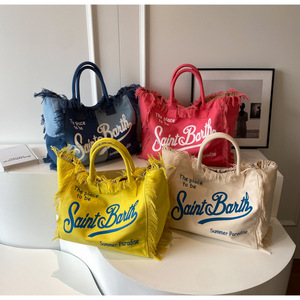 Borsa Tote Spaziosa in Tela di Cotone Multicolore da Donna e Ragazza con Frange e Nappe, Borsa a Mano Impermeabile da Spiaggia per l'Estate - Product Image 6