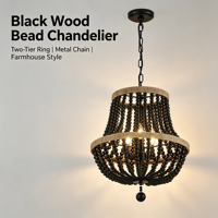 Lampu Gantung Candelabra Manik Kayu Hitam Cincin Ganda dengan Finishing Kayu Alami, Lampu Vintage untuk Ruang Tamu dan Kamar Tidur