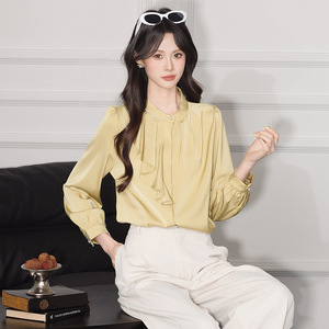 Pale Yellow Women's Blouse Long Sleeve Ruffled Trim Solid Color Korean Style Everyday Wear Polyester Shirt - Product Image 3