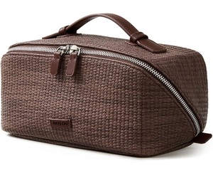 Sac de voyage de maquillage en gros pour femmes, en polyester marron texturé, avec fermeture éclair, portable, plusieurs compartiments, logo personnalisé - Product Image 1