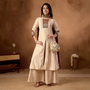 Conjunto de Kurta y Palazzo de Seda Beige Bordada para Mujer con Dupatta Marrón para Fiestas - Product Image 1