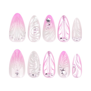 Uñas Postizas Largas de Color Rosa Almendra con Diseño Nuevo, Uñas Artificiales con Decoración de Conchas y Perlas - Product Image 5