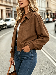 Chaqueta Corta de Moda para Mujer con Cuello Vuelto, Manga Larga Oversize, Cierre Frontal con Cremallera y Botones a Presión, Prenda Exterior Casual Holgada - Product Image 2