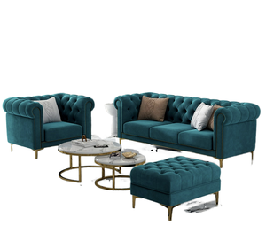 Canapé sectionnel Chesterfield moderne en velours, trois places, en tissu, avec pieds en acier inoxydable, pour hôtel, villa, salon - Product Image 1