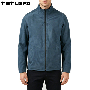 Custom Blue <b>Suede</b> <b>Jacket</b> Reversible Navy Leather Stand Collar Smart Casual Panelled Double Sided Coat Wholesale Bulk - Product Image 1