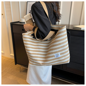 Borsa Tote da Donna Portatile in Tela di Cotone con Trasferimento Termico, Grande Capacità, Strisce, Chiusura a Cerniera, Media per Viaggi - Product Image 4