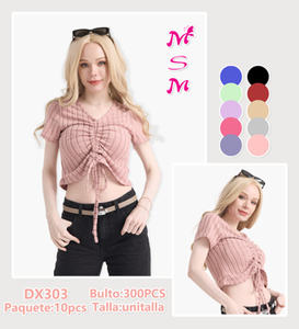 Haut en tricot pour femmes, manches courtes, col en V, à lacets, couleur unie, décontracté, 100% polyester - Product Image 3